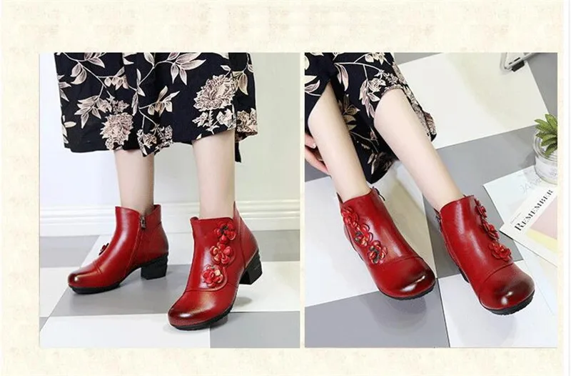 YAERNI Autumn Winter Shoes Woman Cow Leather Flower Shoes Comfort Med Heel Ankle Boots Genuine Leather Fashion Shoes women