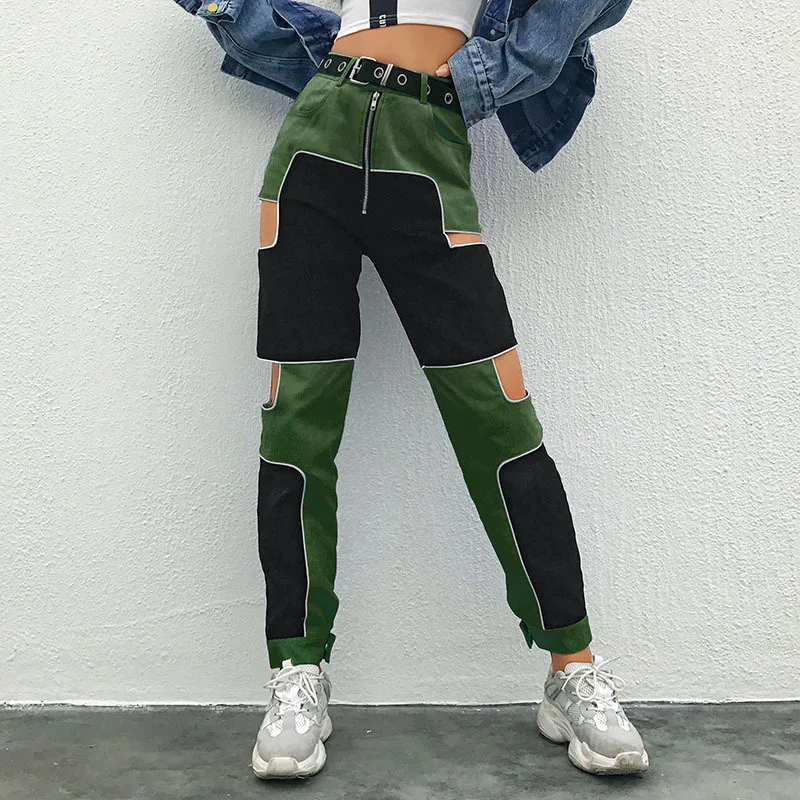 JIEZuoFang Women Harajuku Streetwear High Waist Zipper Harem Pants Hollow Out Patchwork Pants Summer Fashion Joggers Sweatpants
