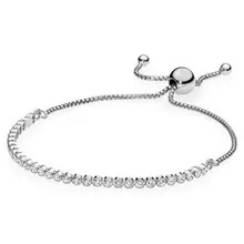 Подлинный 925 пробы серебряный браслет, Классическая теннисная сверкающая нить, регулируемый браслет, подходит для женщин, бусина, шарм, сделай сам, модное ювелирное изделие