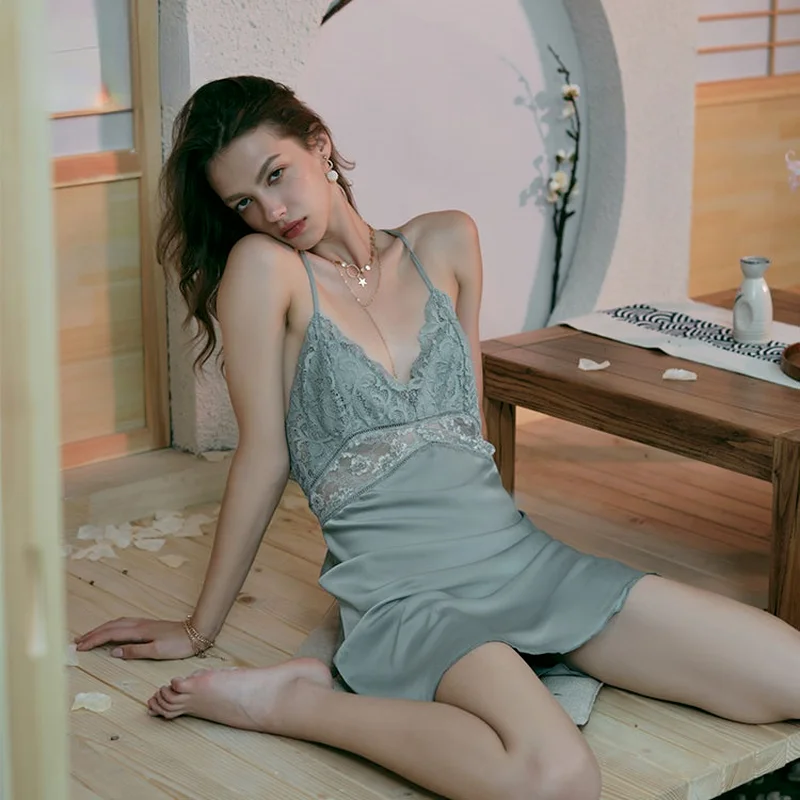 

Женская ночная рубашка, сексуальная женская ночная рубашка с V-образным вырезом, шелковая атласная кружевная одежда для сна, женская ночная рубашка