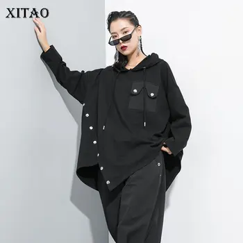 

XITAO Black Irregular Hoodies Women Pullover Pocket Hooded Collar Original Design 2019 Autumn Elegant Minority Hoodies GCC2111