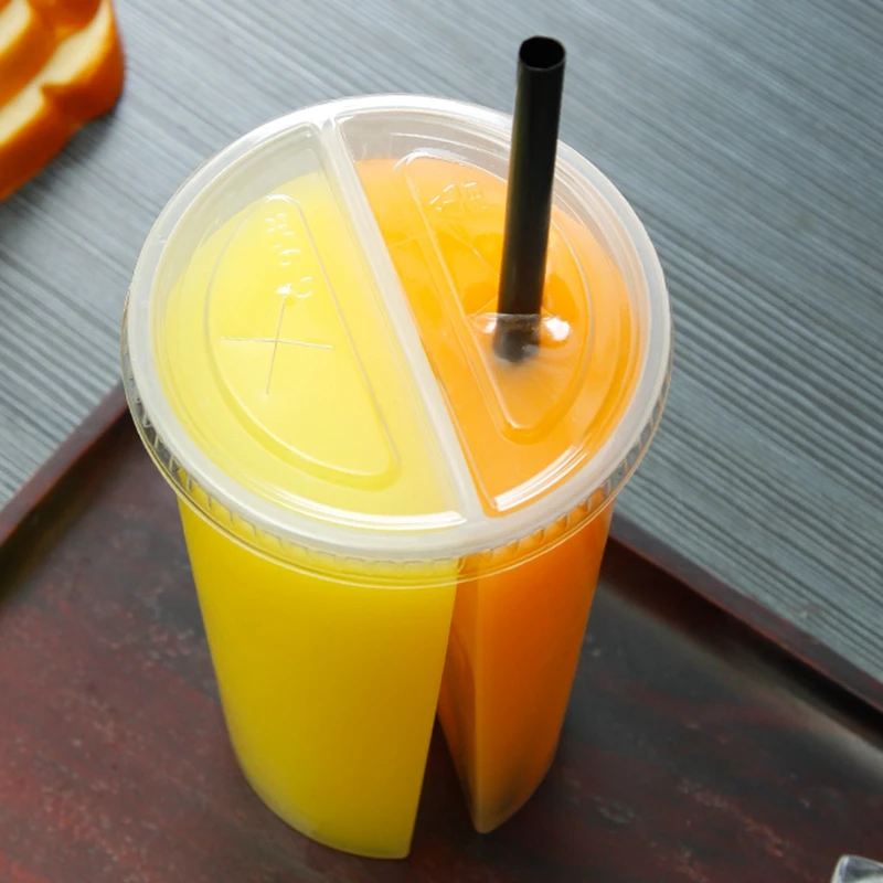 10Pcs/lot Disposable Plastic Cups Creative Bubble Tea Drinking Cup with Lids 700ml Double Grid Thicken Smoothie Cup for Dinks