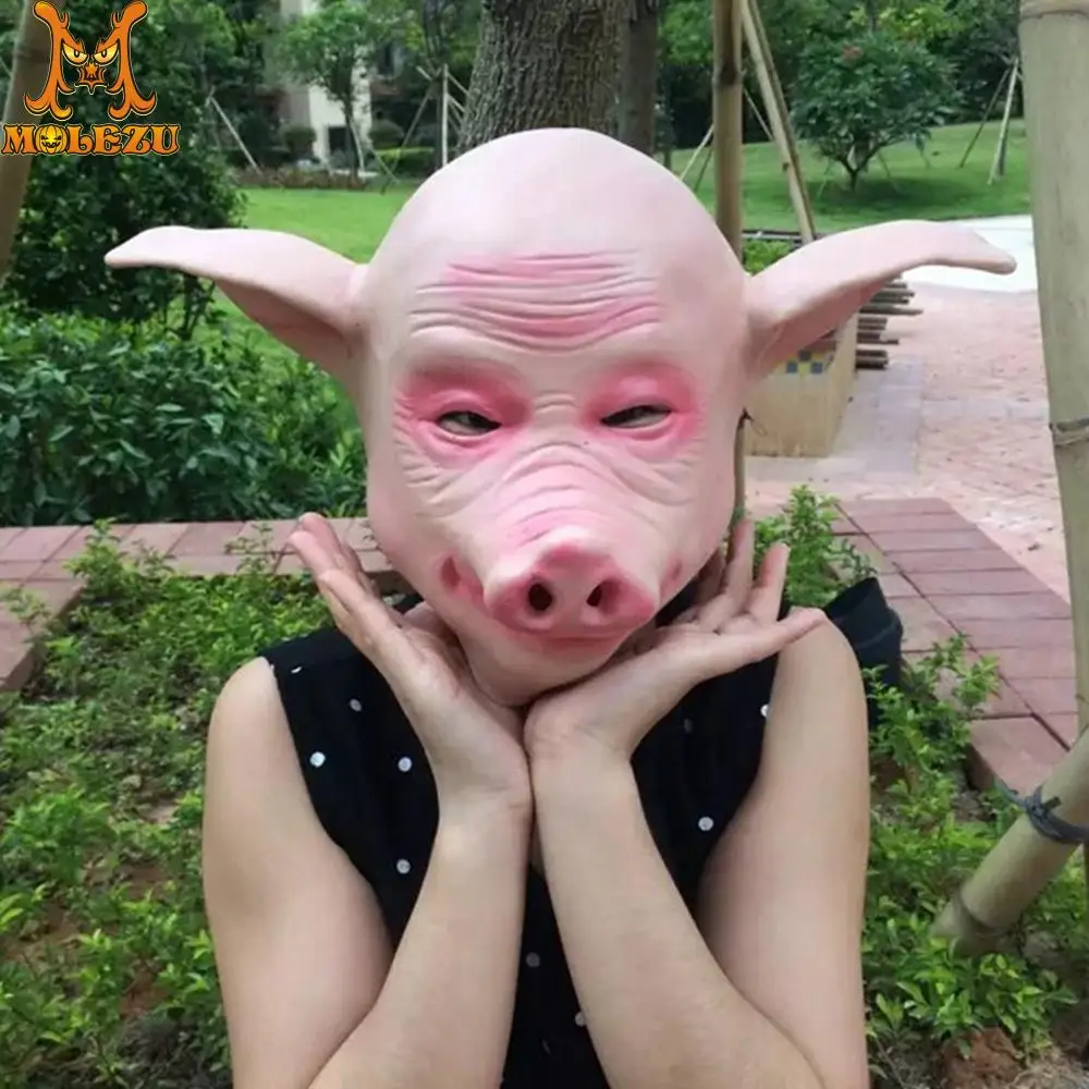 Molezu Halloween Cute Pink Pig Head Mask Cosplay Full Latex For Party Fancy Dress | Дом и сад