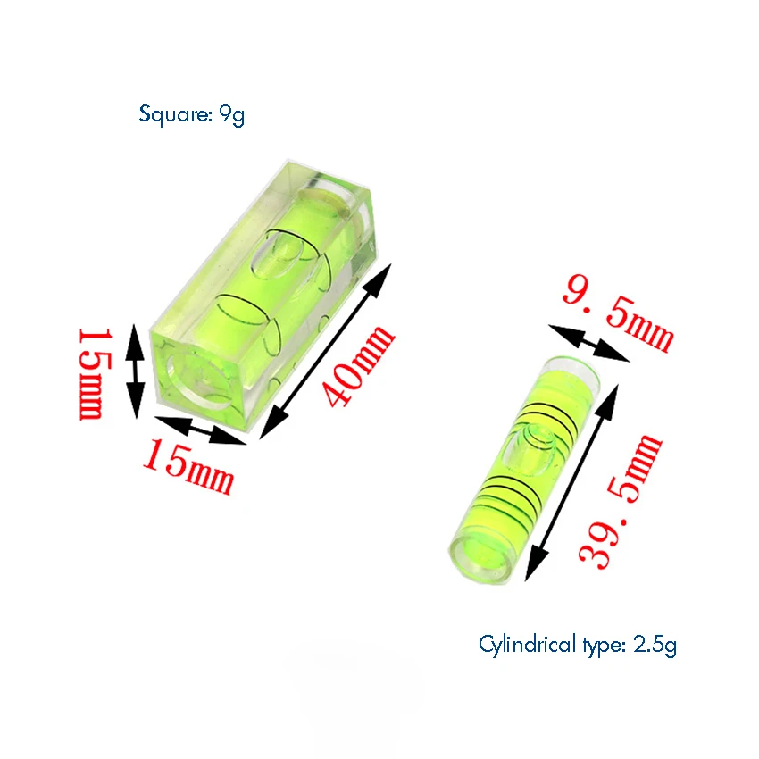 5PCS/Lot Cylindrical / Square Plastic Bubble Spirit Level Vials, 9.5x39.5mm / 15x40mm Mini Level Measure for Woodworking Carving