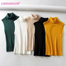 LUNDUNSHIJIA сексуальный женский вязаный кроп Топ водолазка Бюстье Топы Осень Женские однотонные без рукавов Короткие тонкие свитера