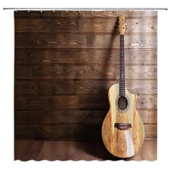 

Western Country Music Shower Curtain Decor Guitar on Retro Wooden Board Brown Fabric Bath Curtains Bathroom Accessories