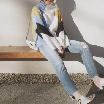 

CAMIA mohair sweater women wool women's sweater autumn and winter new blend contrast color loose ropa mujer