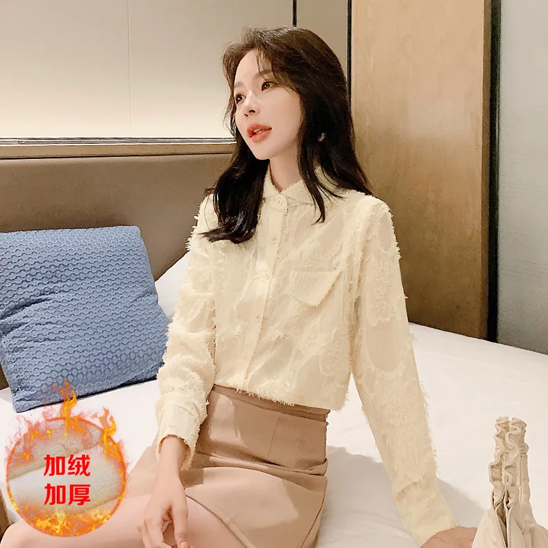

Photo Shoot 2019 Autumn New Style plus Velvet Korean-style Lantern Sleeve Embroidered Rabbit Fur Peter Pan Collar Lace Base Shir