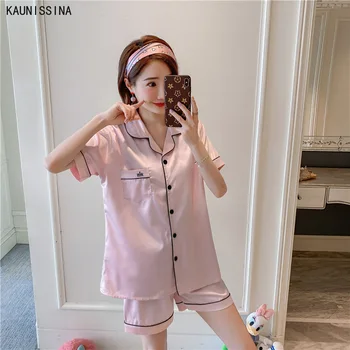

Plus Size Pajamas Set Women Silk Summer Sleepwear Short Sleeve Turn-down Collar Button Tops Shorts Two Piece Pajama Homewear 5XL