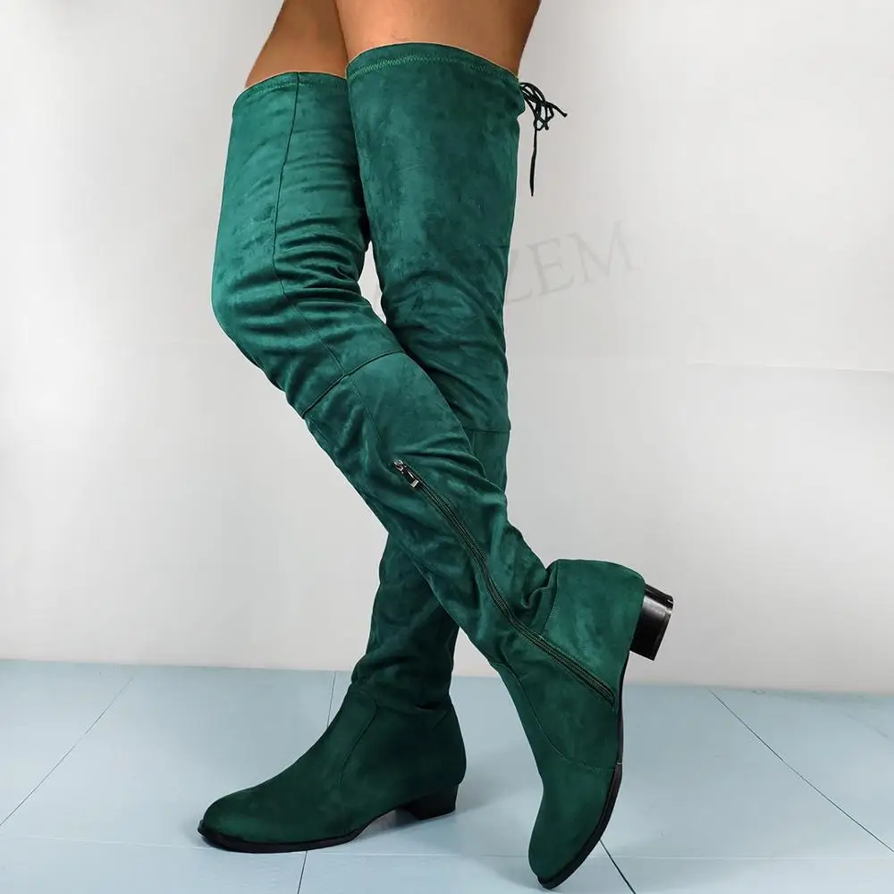 

LAIGZEM Faux Suede Women Over Knee Boots Zip Low Heels Boots Thigh High Basic Boots Winter Shoes Botines Botas Size 48 50 51 52