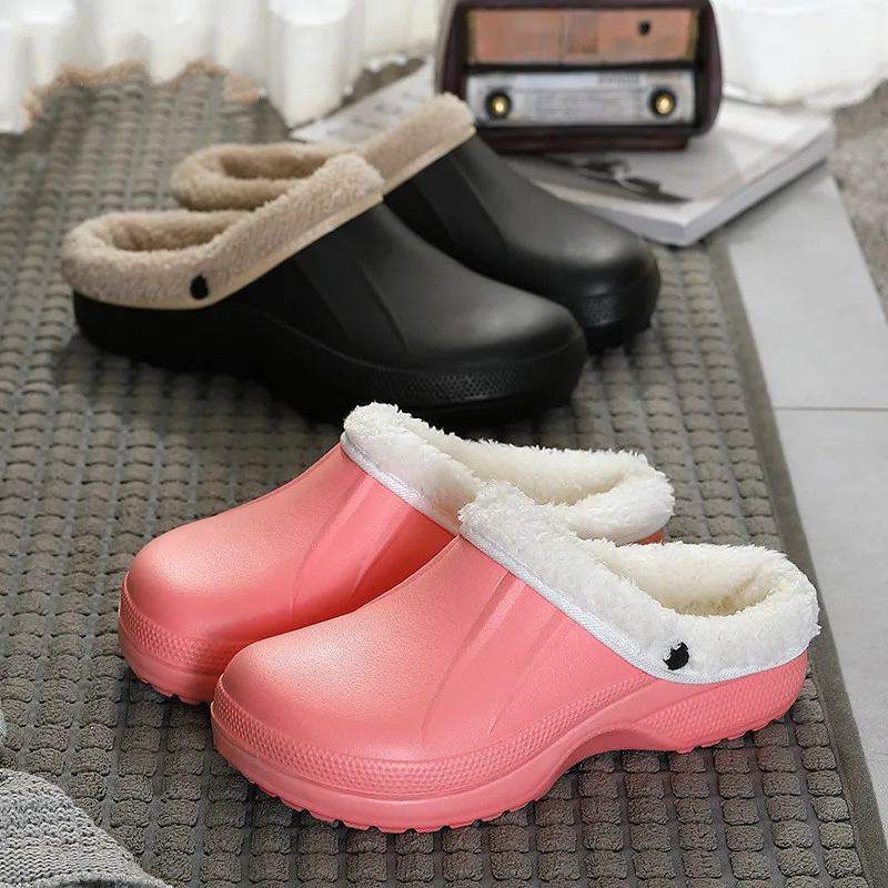 Плюшевые хлопковые тапочки для женщин Нескользящие водонепроницаемые домашние