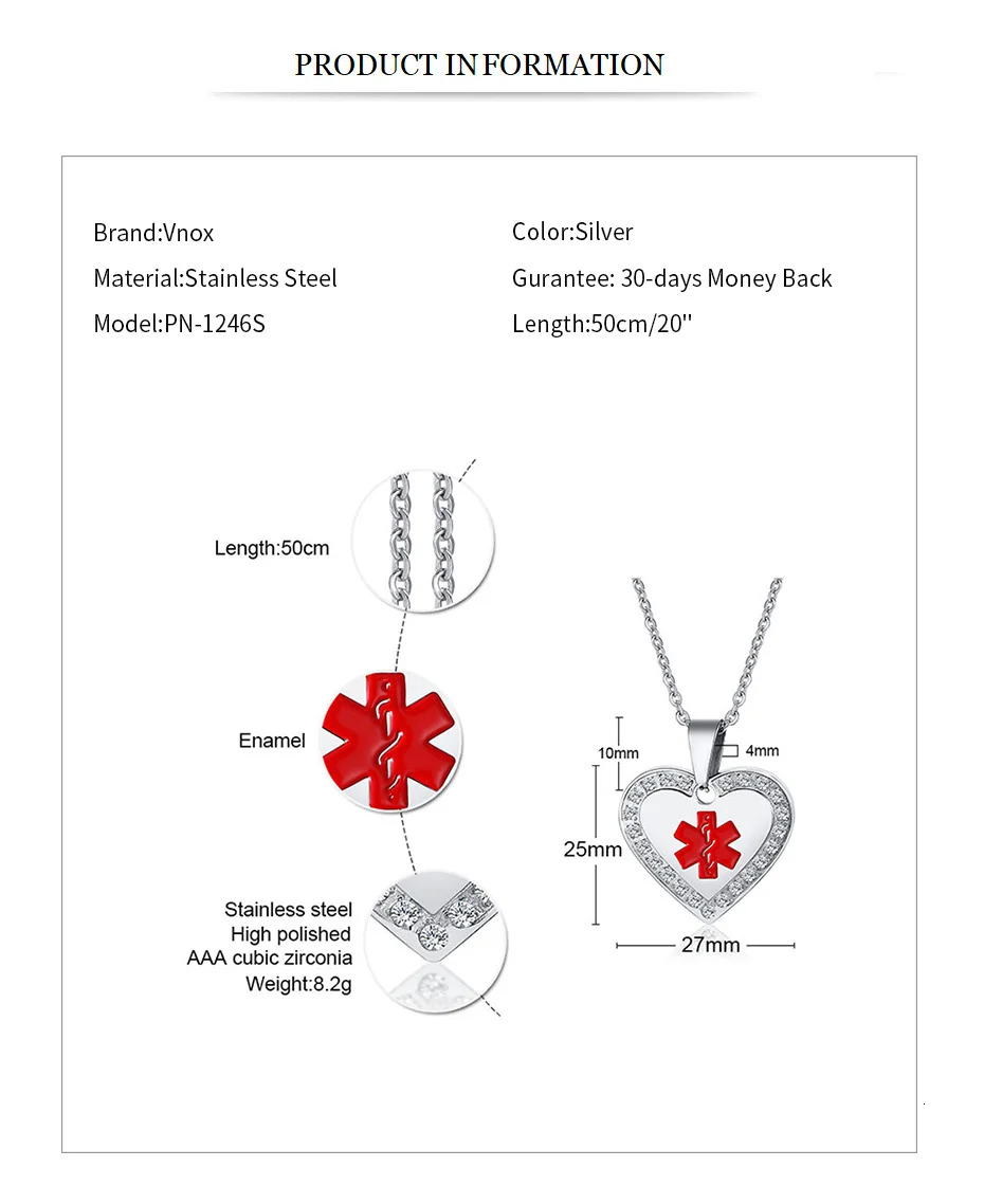 Vnox персонализировать медицинское оповещение ID кристалл ожерелье с кулоном в форме сердца анти аллергия нержавеющая сталь аварийное напоминание ювелирные изделия