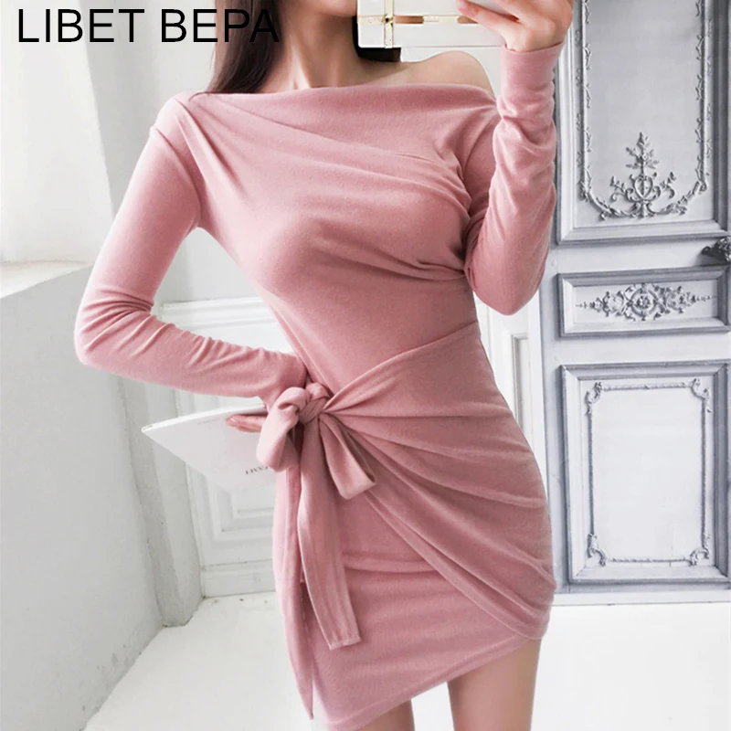 

2019 Autumn Women Dresses Sexy Asymmetriccal Lace Up Bow Fold Skinny Strapless Shoulder Package Hip High Waist Dress DR158