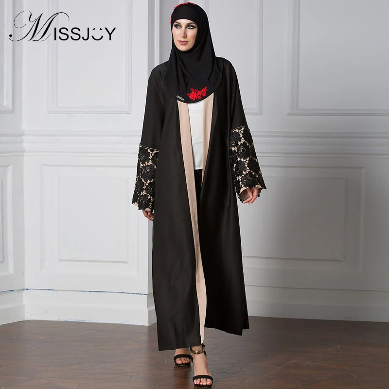 

Arabic Dress Woman Dubai abaya Open Maxi Robe Lace Patchwork Long Sleeve middle Eastern Turkish Islamic Clothing