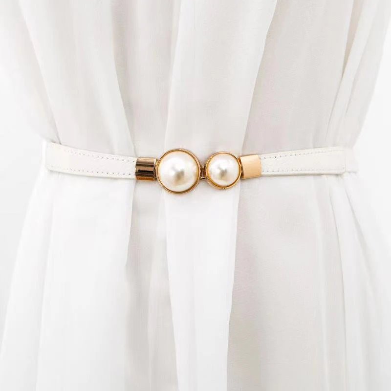 New Fashion Women Elasticity Thin Belts Imitation Pearl Buckle Strap All-Match Coat Dress Black White Beige Ladies Waistband brown belt women