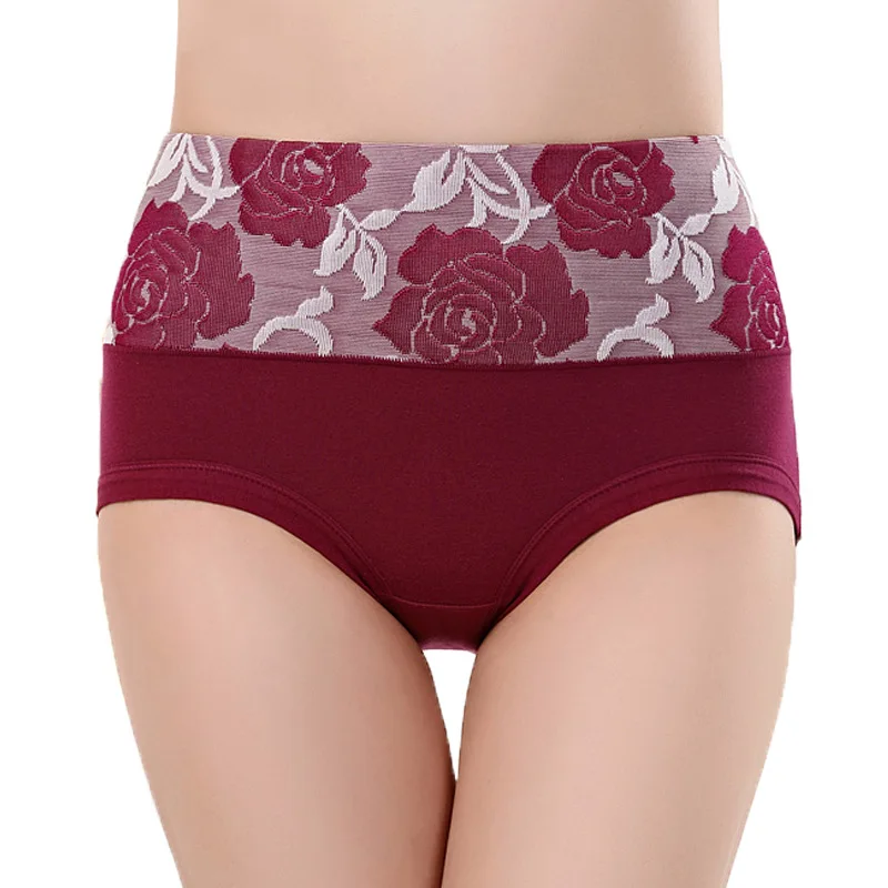 5pcs Women's Briefs Underwear Cotton High Waist Tummy Control Panties Rose  Jacquard Ladies Panty