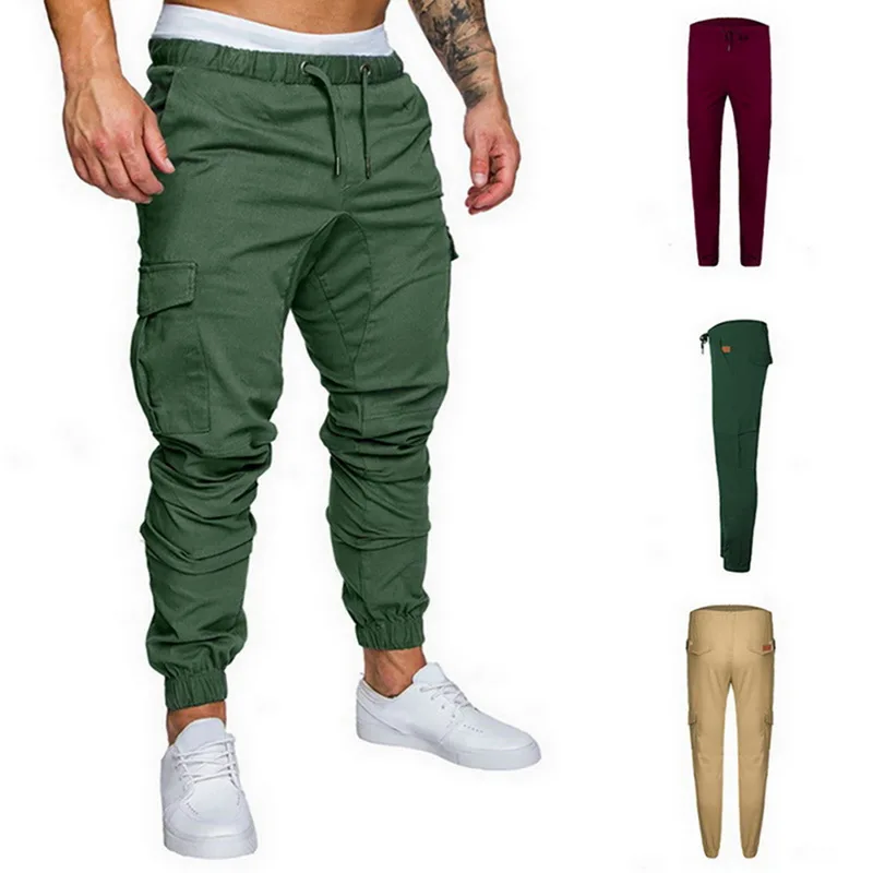 Осенние мужские штаны для бега в стиле хип-хоп, штаны-шаровары для бега, мужские брюки, одноцветные брюки-карго с несколькими карманами, обтягивающие спортивные штаны