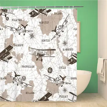 

Bathroom Shower Curtain Pattern Planes Map Airplane Air Vintage Army Aircraft Aviation Polyester Fabric Waterproof Bath Curtain