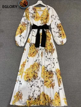 

Top Quality New 2020 Spring Summer Long Dress Women V-Neck Yellow Floral Print Bow Belt Deco Long Sleeve Vintage Long Maxi Dress