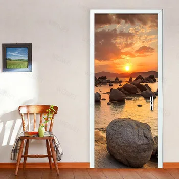 

Self Adhesive 3d Door Sticker Home Decor Seascape Stone Waterproof Printing PVC Poster Wall Art Picture Suit For Children Room