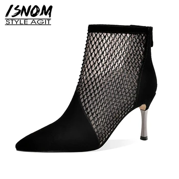 

ISNOM Ladies Boots Mesh Crystal Booties High Heels Shoes Woman Pointed toe Women Boots Ankle Suede Leather Shoes New