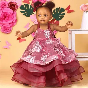 

Ball Gown Puffy Baby Infant Girl Birthday Party Dress Applique Beads Tiered Tulle Toddler Baby Clothes for Special Occasion