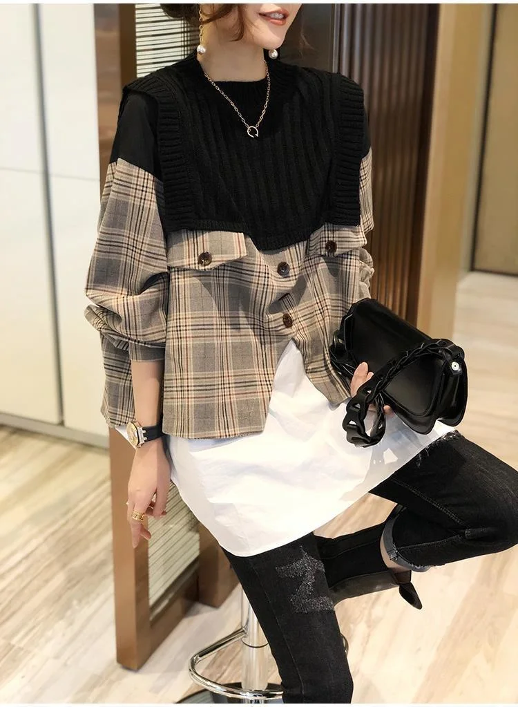 H70a55ca02b3d457faacc031c4f8e1828C - Spring / Autumn O-Neck Long Sleeves Patchwork Knitted Plaid Buttons Blouse