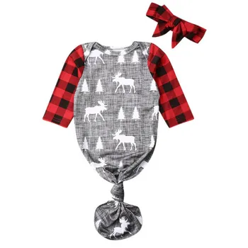 

2Pcs Baby Boy Girl Cotton Sleeping Bag Christmas Elk Print Long Sleeve Swaddle Wrap Blanket Sleeping Bag Sleep Sack Headband Set
