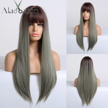 

ALAN EATON Long Straight Synthetic Wig with Bangs Ombre Dark Brown Green Ash Wigs for Black Women Heat Resistant Cosplay Wigs