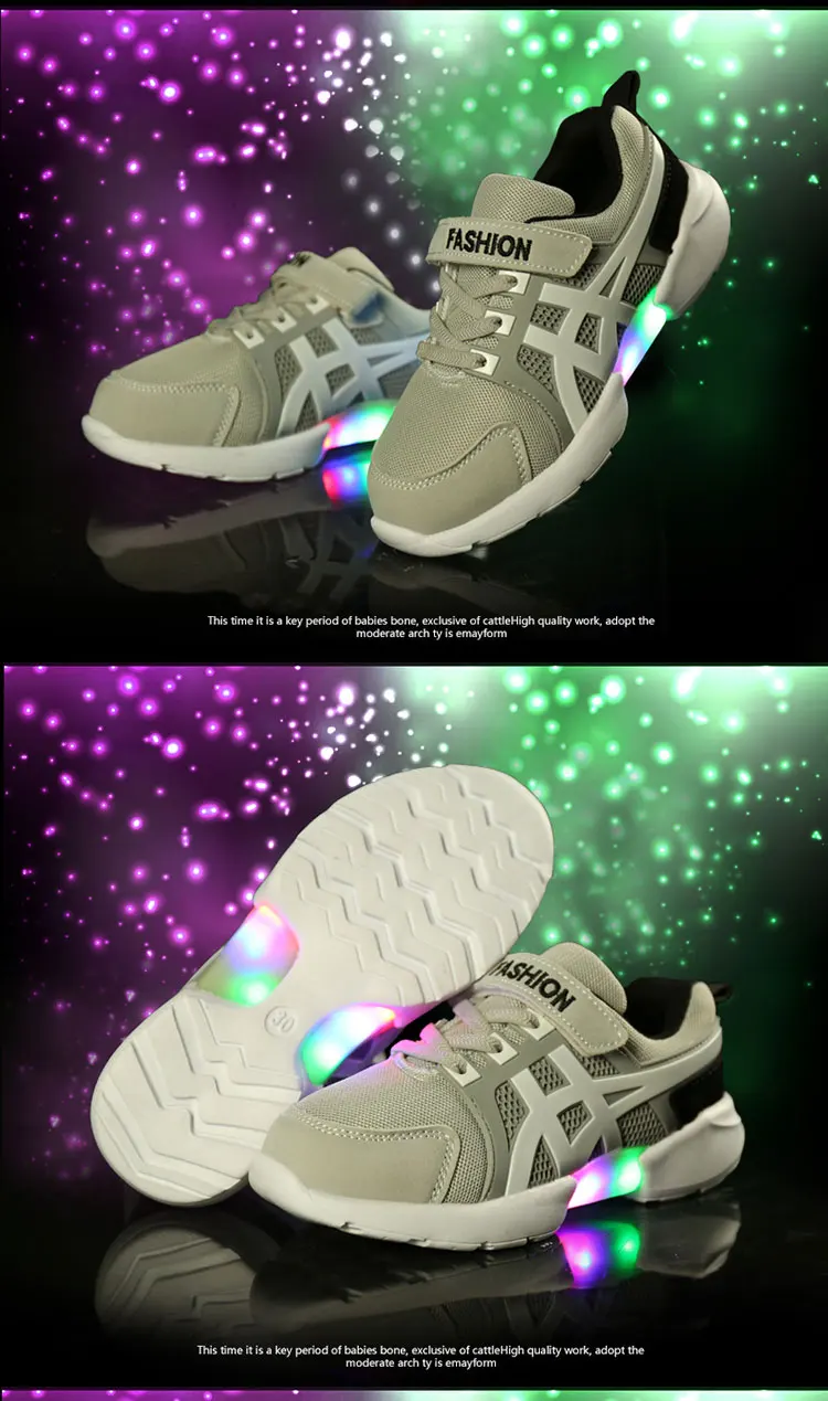 Модная яркая однотонная детская обувь с USB Led-светильник дышащие детские светящиеся кроссовки на липучке для девочек и мальчиков 22-30