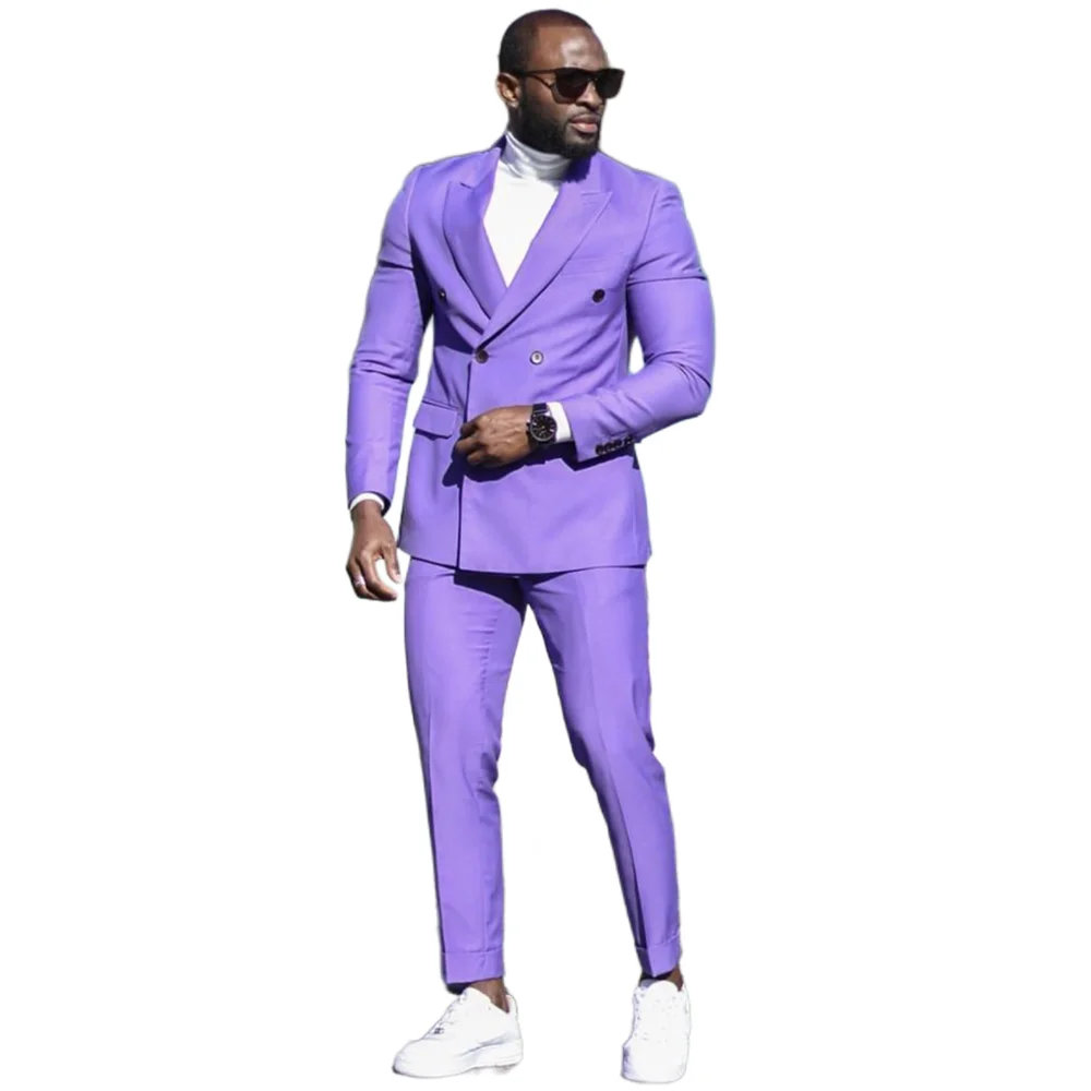 

Spring Summer Shiny Purple Men Suits Slim Fit 2 Pieces Double Breasted/Wedding Men'S Clothes Outfit Casual Daily Set Blazer Pant