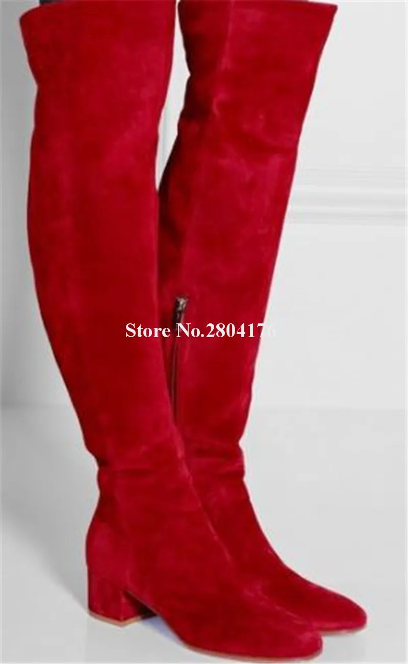 

Winter Fashion Round Toe Low Chunky Heel Over Knee Boots Red Grey Black Suede Leather Long Boots Big Size Boots
