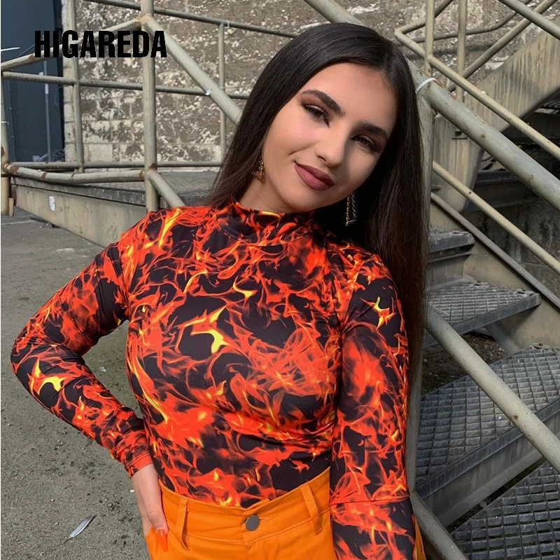 

Fire Flame Print Turtleneck Bodysuit Harajuku Long Sleeve Body Women Casual Streetwear Bodycon Jumpsuit Romper Autumn