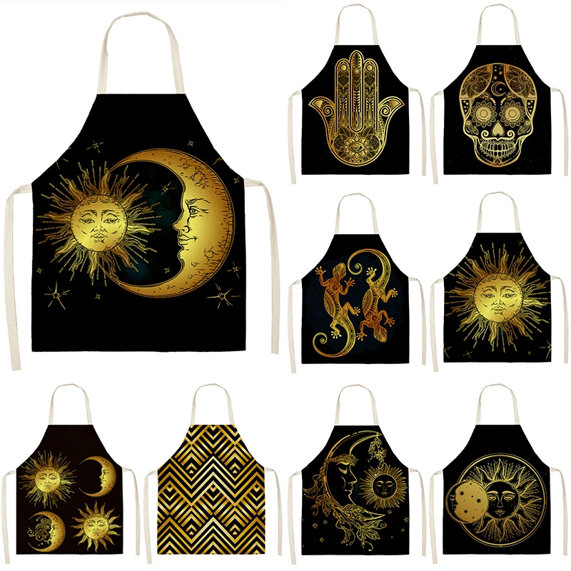 

Golden Sun Moon Printed Kitchen Sleeveless Aprons Cotton Linen Bibs 53*65cm Household Women Cleaning Pinafore Home Cooking 46403