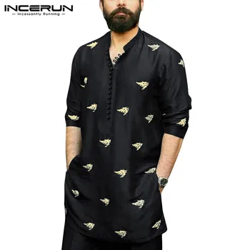 

Men Shirts Printed Long Sleeve Vintage Button Streetwear Stand Collar 2020 Indian Long Shirts Men Casual Clothes S-5XL INCERUN