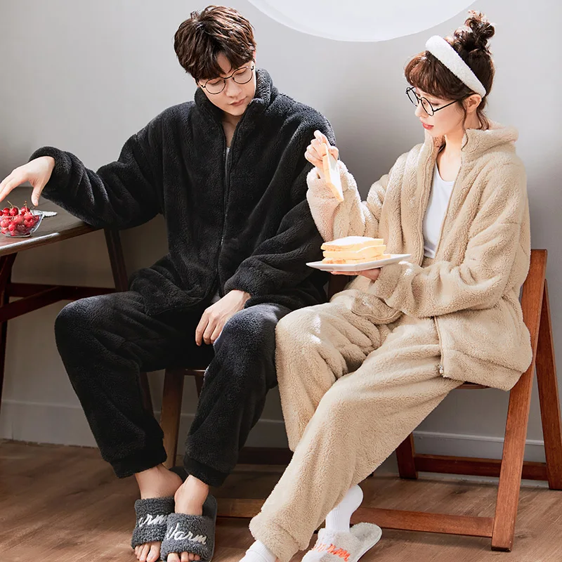 men's cotton pyjamas Chic Minimalist Preppy Style Solid Pajamas Set for Couple Winter Thick Pajama for Women Soft Flannel Comfortable Pijamas for Men mens pjs set