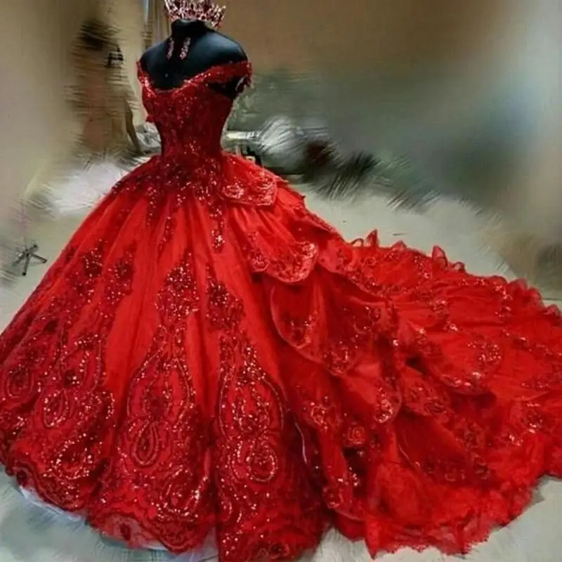 

Блестящее красное платье Quinceanera с открытыми плечами пышная ярусная юбка милое платье 16 с блестками аппликация из бисера vestidos de 15 лет