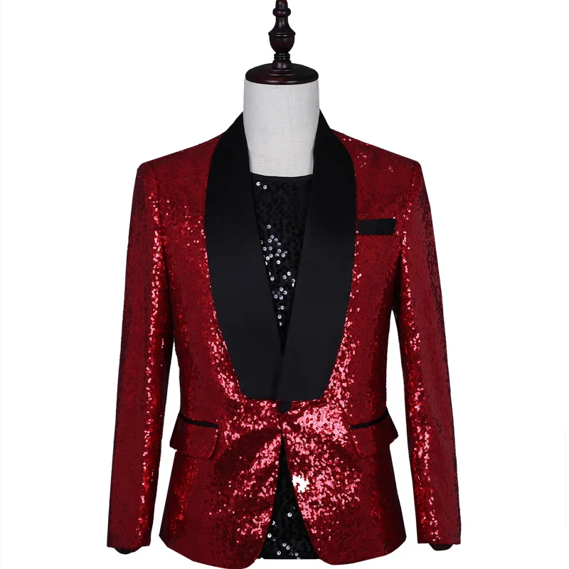 Нарядные мужские костюмы с красными блестками, вечерние костюмы для торжества, сценический костюм для ночного клуба, приталенный Блейзер, пиджак для мужчин, фрак для певицы - Цвет: Красный