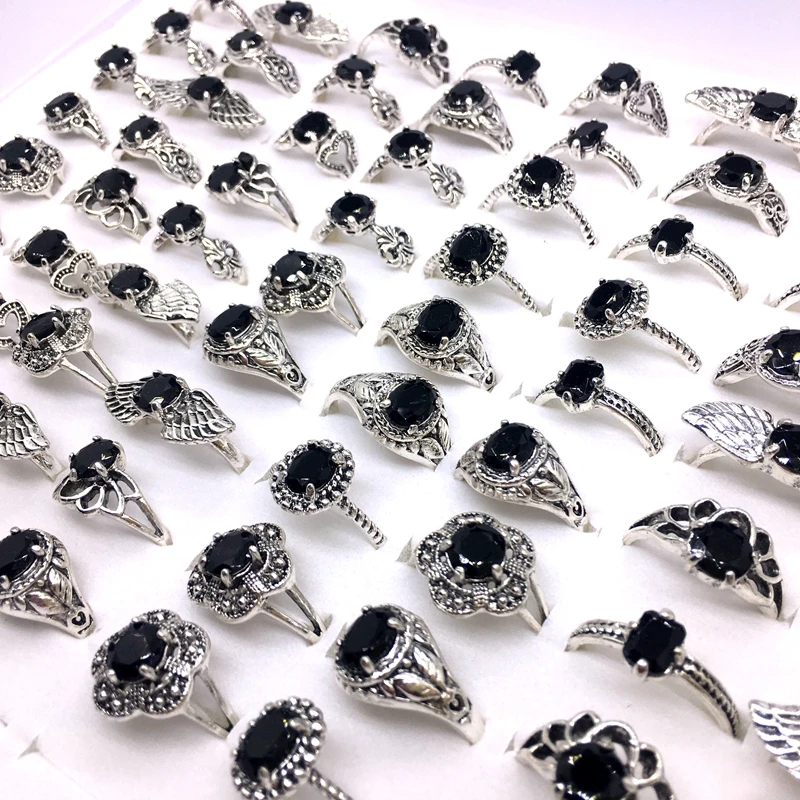MixMax 50PCs/Lot Womens Rings Mix Styles Silver Plated Black Stone Vintage Jewelry Party Gifts Wholesale dropshipping