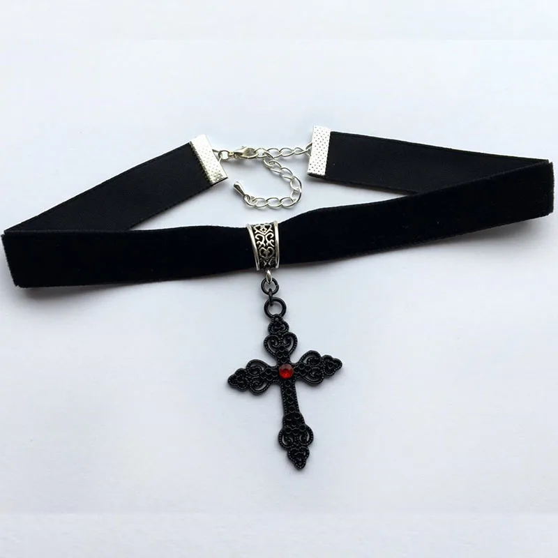 Black Velvet Choker with Gothic Cross - Goth Choker, Gothic Choker - Image 2