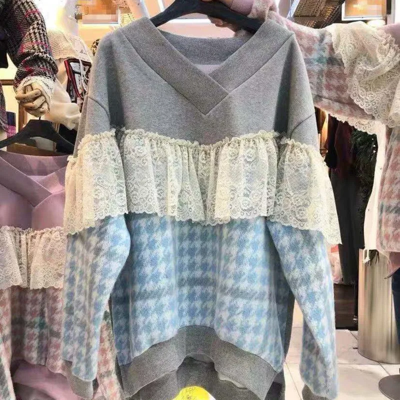 [EWQ] Spring New V-neck Lace Stitching Hit Color Thick Warm Warm Pullovers Knitted Top Korea Loose Plaid Sweatshirt QZ093