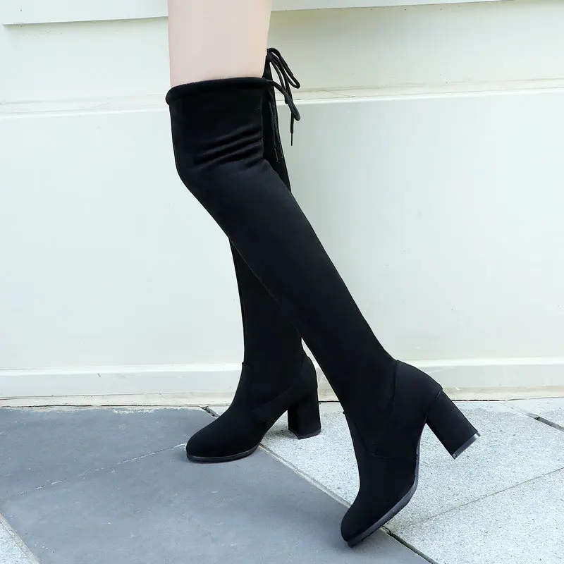 

Women Over The Knee High Boots Square High Heels Autumn Winter Shoes Pointed Toe Sexy Elastic Fabric Women Boots 2019 Size 34-43