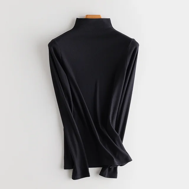 SuyaDream Women Bottoming T Shirt Real Silk Blend Long Sleeves Solid Basic Shirt 2021 Autumn Winter Turtleneck Top Black Mock N