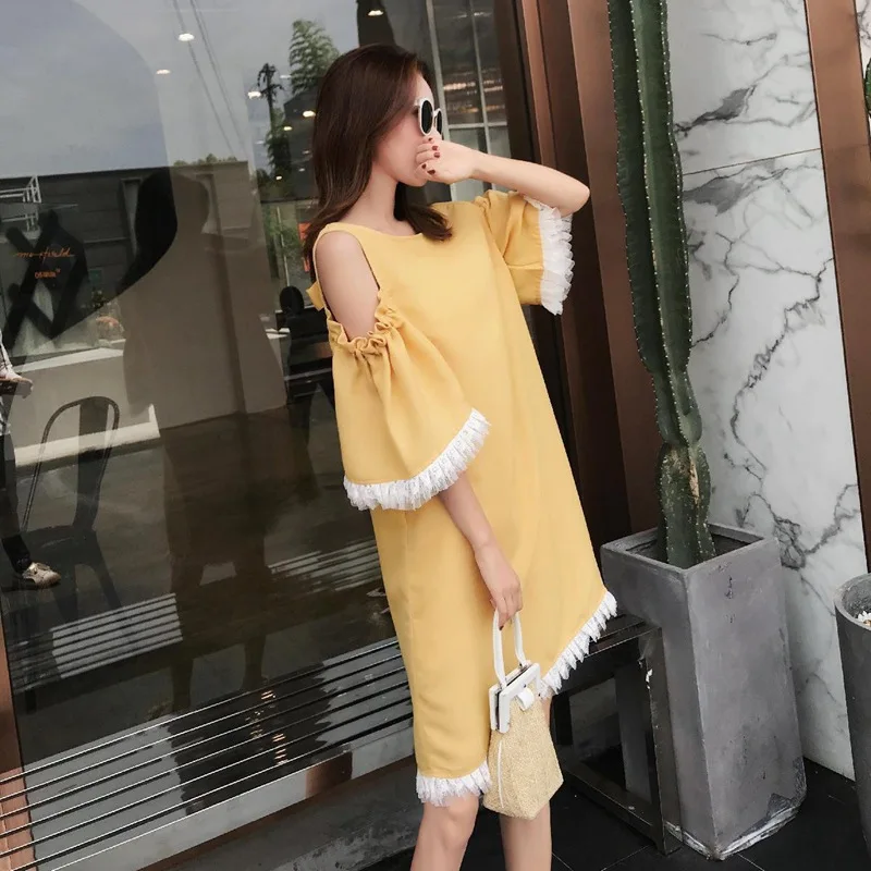 

Photo Shoot Gentle Wind Yellow round Neck off-Shoulder Dress INS Mid-length Contrast Color Tassels GIRL'S Dress Loose-Fit Slimmi