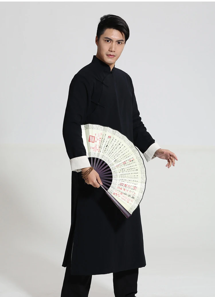 Черное китайское мужское платье с перекрещивающимися рисунками, одежда для выступлений, длинное хлопковое платье, халат, два боковых кунг-фу тай-чи, топы