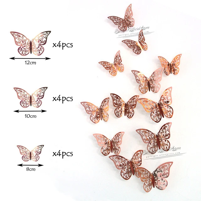 12Pcs 4D Hollow Butterfly Wall Sticker DIY Home Decoration Wall Stickers wedding Party Wedding Decors Butterfly Kids Room Decors rose gold 1