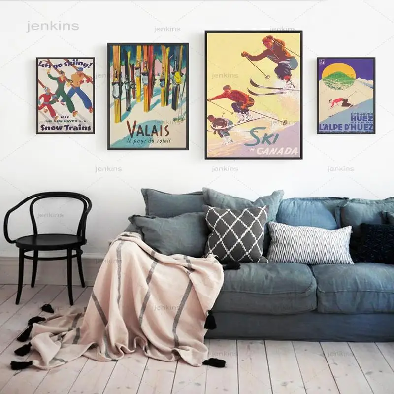 Vintage Ski Posters Art Canvas Prints In Canada France Valais Switzerland Retro Travel Painting Wall Pictures Home Decor | Дом и сад