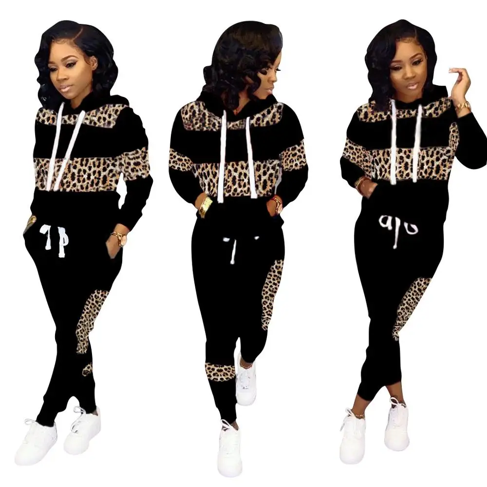 

Casual Women Two Piece Set Leopard Hooded Sweatshirt + Long Pants Tracksuit Sportsuit Color Patchwork Clothes For Women Outfit