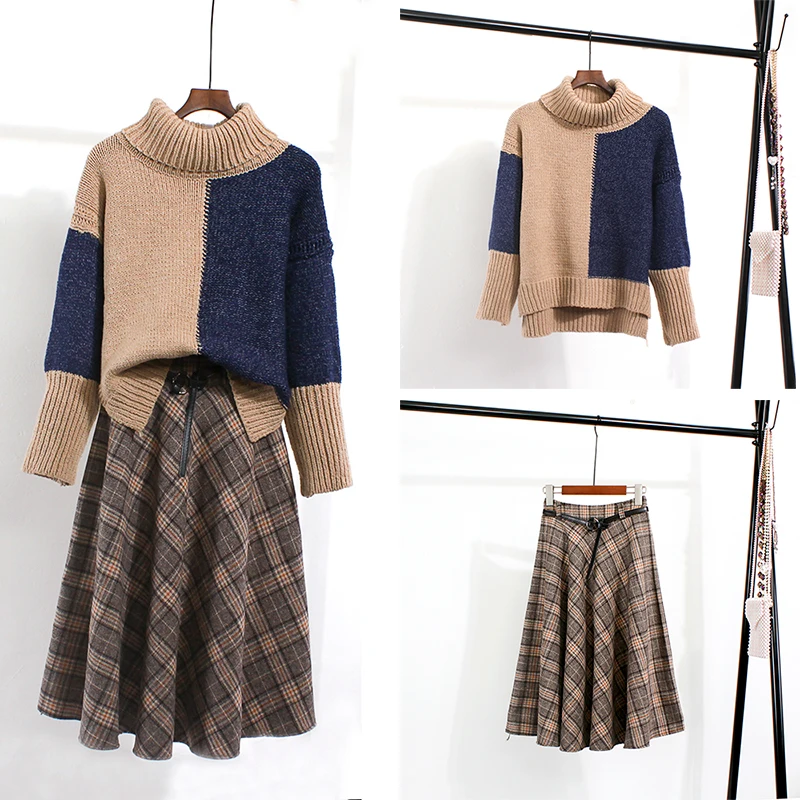 

YOSO Winter New Net Red High Collar Color Matching Outside Wearing Sweater Wool Plaid Big Swing Skirt Suit With Belt