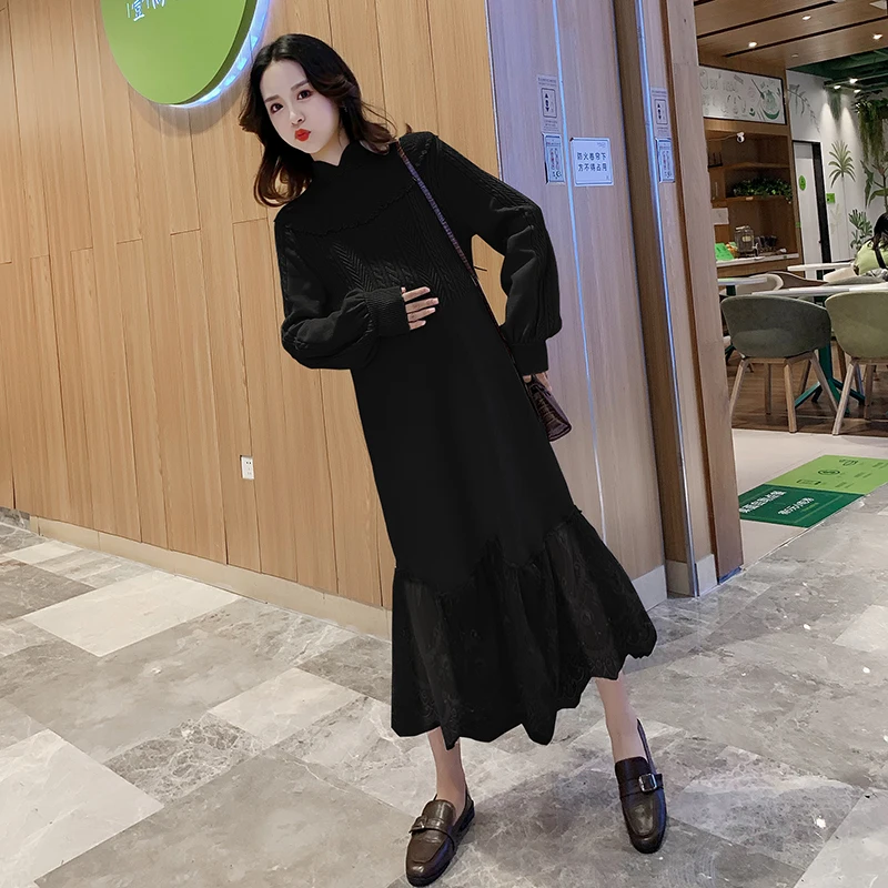 Winter Fashion Maternity Knitting Party Dress Lace Ruffles Patchwork Irregular Pregnant Women Trumpet Dress New Year Maxi Dress